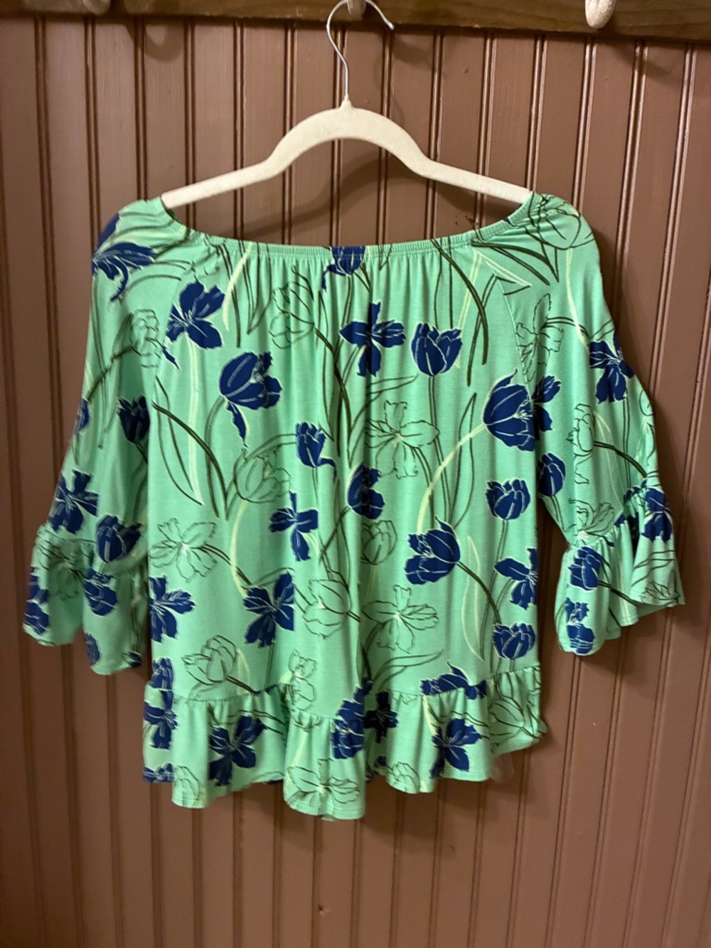 Style & Co. Green Off-Shoulder Floral Blouse with Blue Print